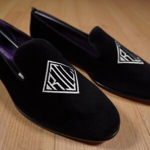 Ralph Lauren Purple Label Alonzo Deco Slipper Black Size 8B Velvet Brand New